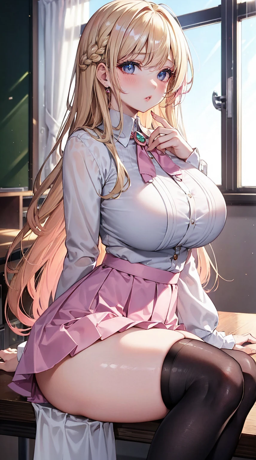 Highest quality,One girl,((Big Breasts:1.3)),Curvy,orgasm,blush, Sweat,((Blonde,Long Hair,Straight hair)),White shirt,Pink Skirt,mini skirt,Lift up your skirt,Under the skirt,Lace panties,White panties,White knee-high socks,Recall