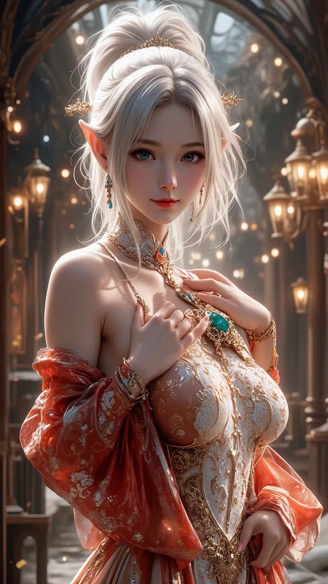 gufeng,bare shoulders, realistic, fashi-girl, red lips, mature female, makeup, Big eyes, Pretty eyes, ((full body)), ((Random shooting angles)), (best quality, masterpiece:1.2), ultra-detailed, (realistic:1.37), ((Sexy long legs)), beautiful, youthful, glamorous model with (detailed eyes, detailed lips, extremely detailed eyes), with white and floral colors, showcasing a radiant smile, creating a breathtaking depiction of a girl, Warm tones, extremely high color saturation, official art, extremely detailed CG unified 8k wallpaper,(High dynamic range :1.4), (cinematic),(soft colors, dull colors, soothing tones :1.3), (natural skin texture, ultra-realistic, soft light, sharp),(very detailed), Night, moonlight, In an antique pavilion, sit on a bench against the guardrail
