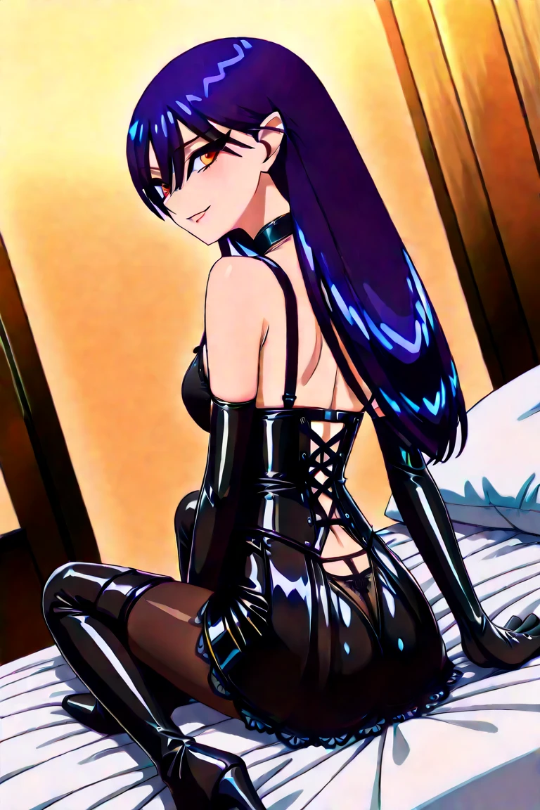 (anime, masterpiece, intricate:1.1), summer aestetic background, comics_darkstalkers_morrigan_aensland, Slender hips, slim stomach, thin waist, sexy posing, back view, aesthetically pleasing rear view, looking at viewer, medium breasts, slim body, violet hair, violet eyes, skimpy black dress, long hair, black garter stockings, symmetrical stocking size, very short mini skirt, lingerie, heart shaped earrings, girly decorations, solo, flowers, modest smile, bright red lipstick, painted nails (red)