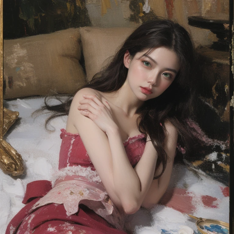 (oil painting:1.5), \\ a woman with (long curtly hair ), ((green eyes)) is lie on the ground in veil, peony, (amy sol:0.248), yellow, with skirt,(stanley artgerm lau:0.106), (a detailed painting:0.353), (gothic art:0.106)
