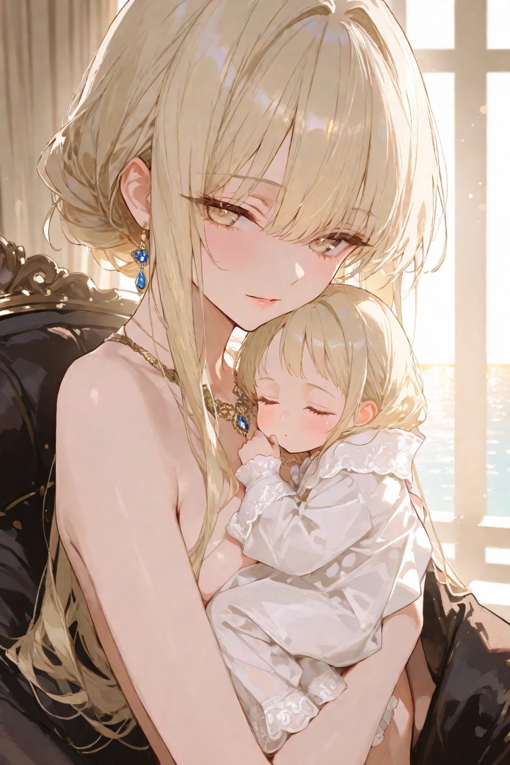 (A 30-year-old mature woman wearing white clothes and black tights, with long blonde hair, sitting in a living room in rural China, holding a in her arms: 1.6) ((Holding a 1-month-old baby in her arms: 1.9)) (smiling expression on her face, looking at the camera: 1.5) (single, mature woman: 1.8) (face close-up: 1.5), perfect face, perfect body, detailed eyes, detailed face