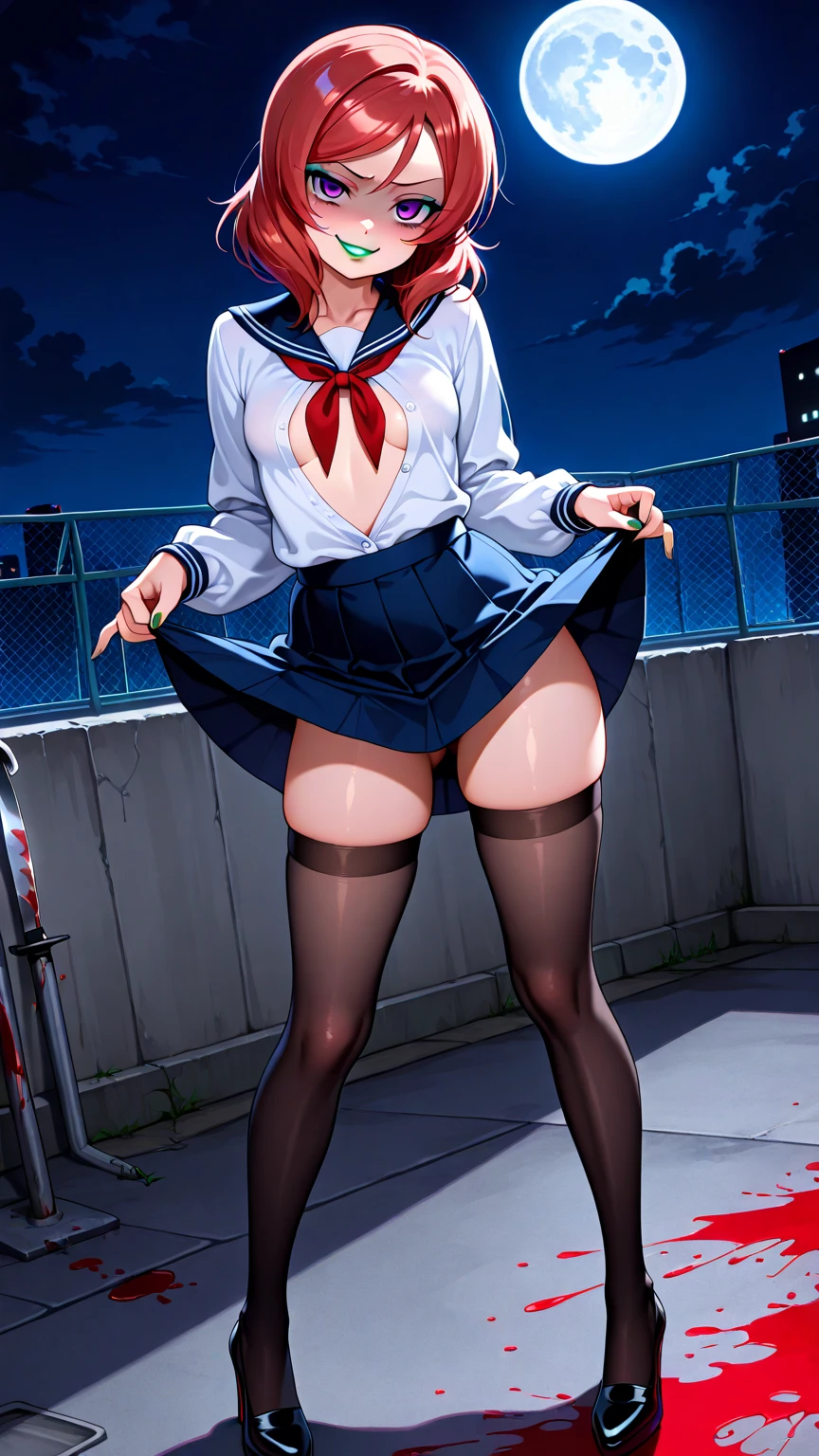 One girl, serafuku, Cowboy Shot, Pleated skirt, White shirt, Red neckerchief, 
Blonde Hair, street, Oversized shirt, cuff, Black sailor collar,, masterpiece, highest quality, Very detailed、(night:1.8, custom street:1.8, Someone knowledgeable、Detailed Background、Background Blur:1.3, nightのcustom street, Sexually attractive girl、From feet to head、garter belt、Shiny garter fishnet stockings、Long, slender legs:1.3, slenderボディ:1.5, slender、tight、nightのダウンタウン:1.5)