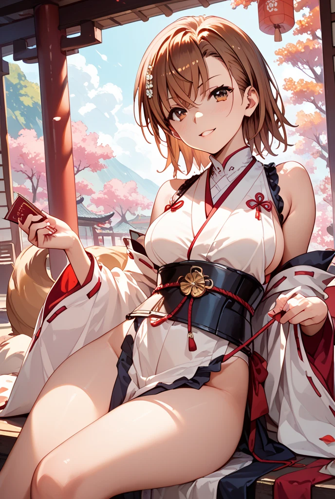 (ultra-detailed,masterpiece, highest quality:1.2), (High resolution, 8k RAW photo, realistic, clear focus), (Natural light, textile shading), throw, focus only, full body, 1 mature woman, 28 years old, (mature woman:1.5), ((topless:1.8,nipple,full nude,Tie your hair down))sexy, lay hands on others'cheek, smile, light brown hair, medium long hair, hair above one eye, asymmetrical hair, half up hair, wavy hair, blue eyes, beautiful eyes,detailed eyes,detailed face,kimono, kimono, In the Zen garden of a Japanese temple, In front of the torii gate, spring,cherry blossoms, Depth of written boundary, Bokeh, (correct anatomy, ideal body proportions), (((panties are visibleよ))),panties are visible,