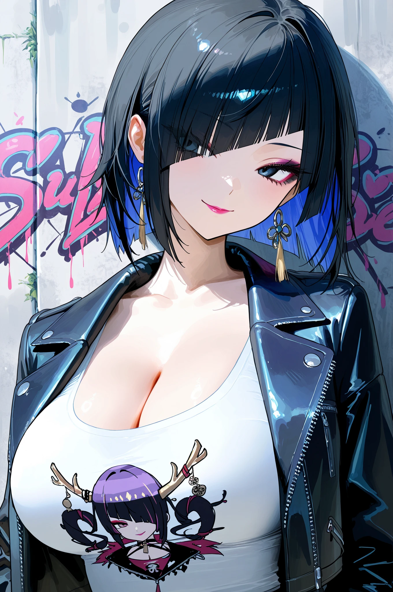 big tits, purple hair, purple eyes, black bikini, ((graffiti)), ((black background)), ((abstract)), thin, sexy, dogstyle, spraypaint, ((dynamic)),