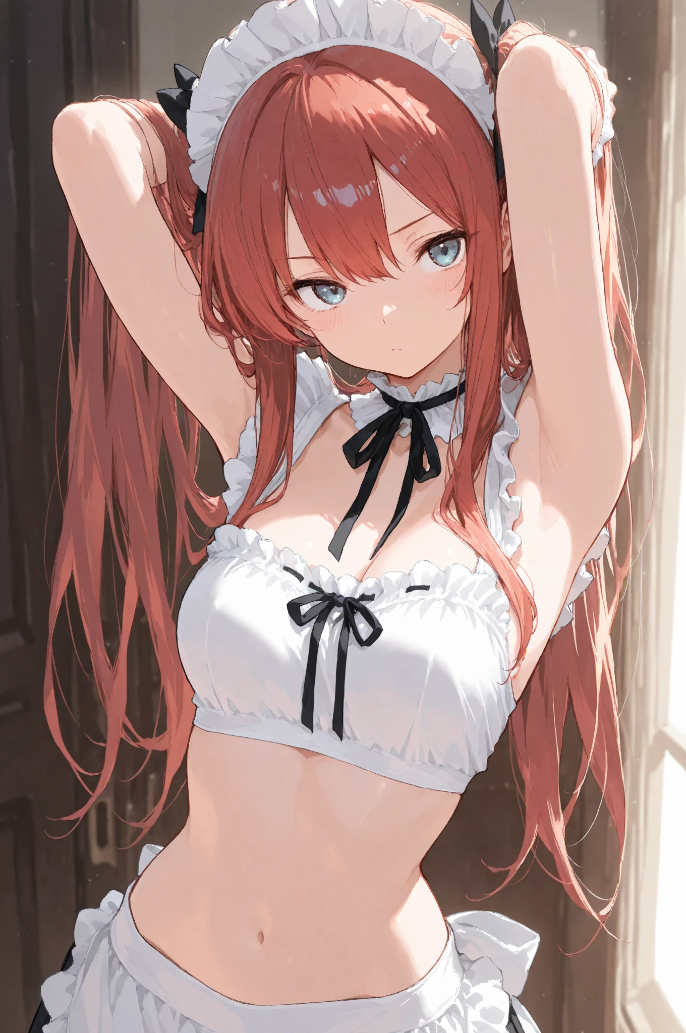 a nude cartoon depiction of a sexy, red haired woman in a maids outfit, 1girl, breasts, solo, green eyes, long hair, looking at viewer, maid headdress, red hair, short sleeves, dress, frills, blush, white background, bow, black dress, simple background, puffy short sleeves, breasts apart, black bow, covered navel, puffy sleeves,NSFW