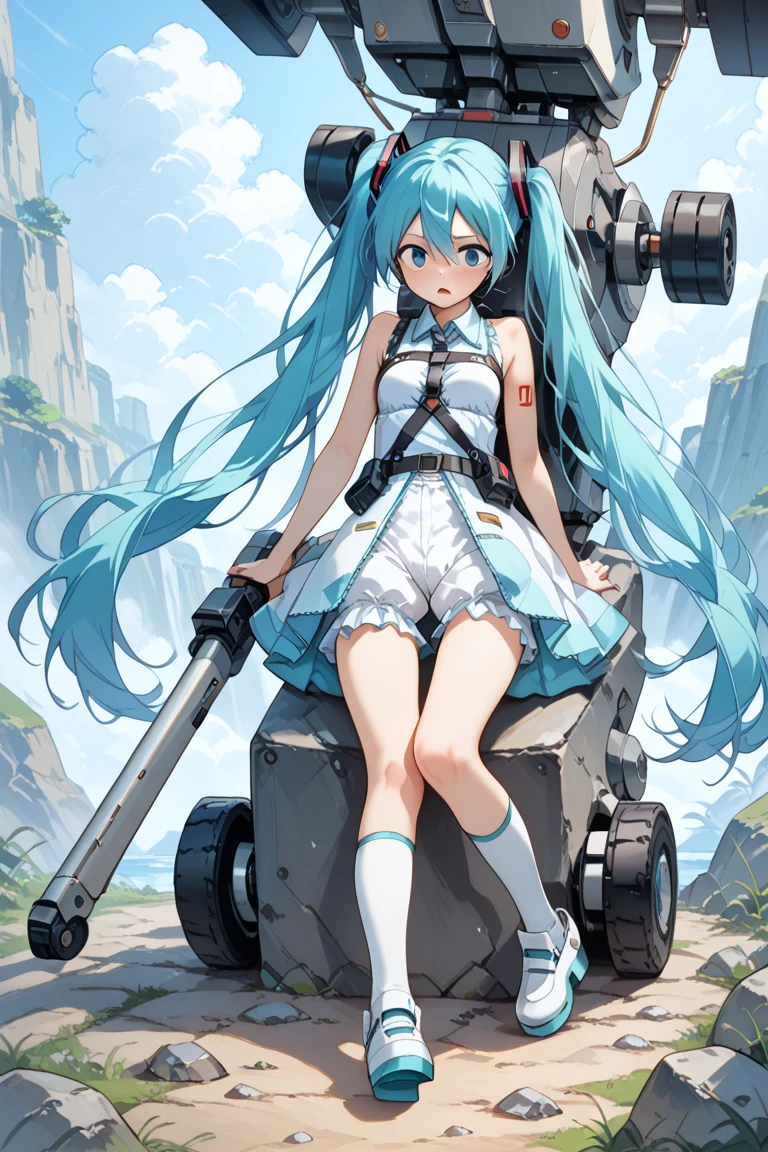 score_9, score_8_up, score_7_up, score_6_up,score_5_up,score_4_up, a girl sitting on a park bench,pointy ears, long hair, boots, looking at viewer, hair ornament, earrings, camouflage, dress, coat, closed mouth, jewelry, ascot, jacket, brown footwear, skirt, long sleeves, wing hair ornament, frills, cross-laced footwear, thigh strap, belt, , open clothes, military, open coat, uniform, military uniform, off shoulder, bolt action, hatsune miku, smile, open mouth, dutch angle,
<lora:mochi_circle_rin_style_pony6_v1-000036:1>