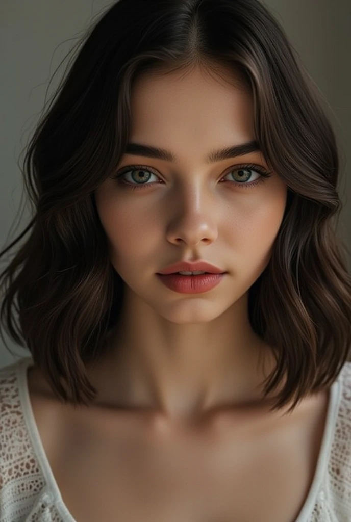"A girl standing in portrait mode, front-facing. The photograph captures her in close-up, emphasizing a 21-year-old with a sharp jawline and a small, subtle mole below her left lips. The highly detailed face, rated at 1.4, showcases a charming smile (smile: 0.7). The background is set inside a dark, moody, private study (background: 1.3), with the point of view captured by Lee Jeffries using a Nikon D850. The film stock is Kodak Portra 400, with a camera featuring an f1.6 lens, producing rich colors, hyper-realistic lifelike texture, and dramatic lighting. The use of Cinestill 800 film enhances the overall mood. The portrait highlights a defined jawline, with a captivating gaze directly into the camera, and a portrait pose featuring highlighted moles. The composition includes the girl's shoulders."