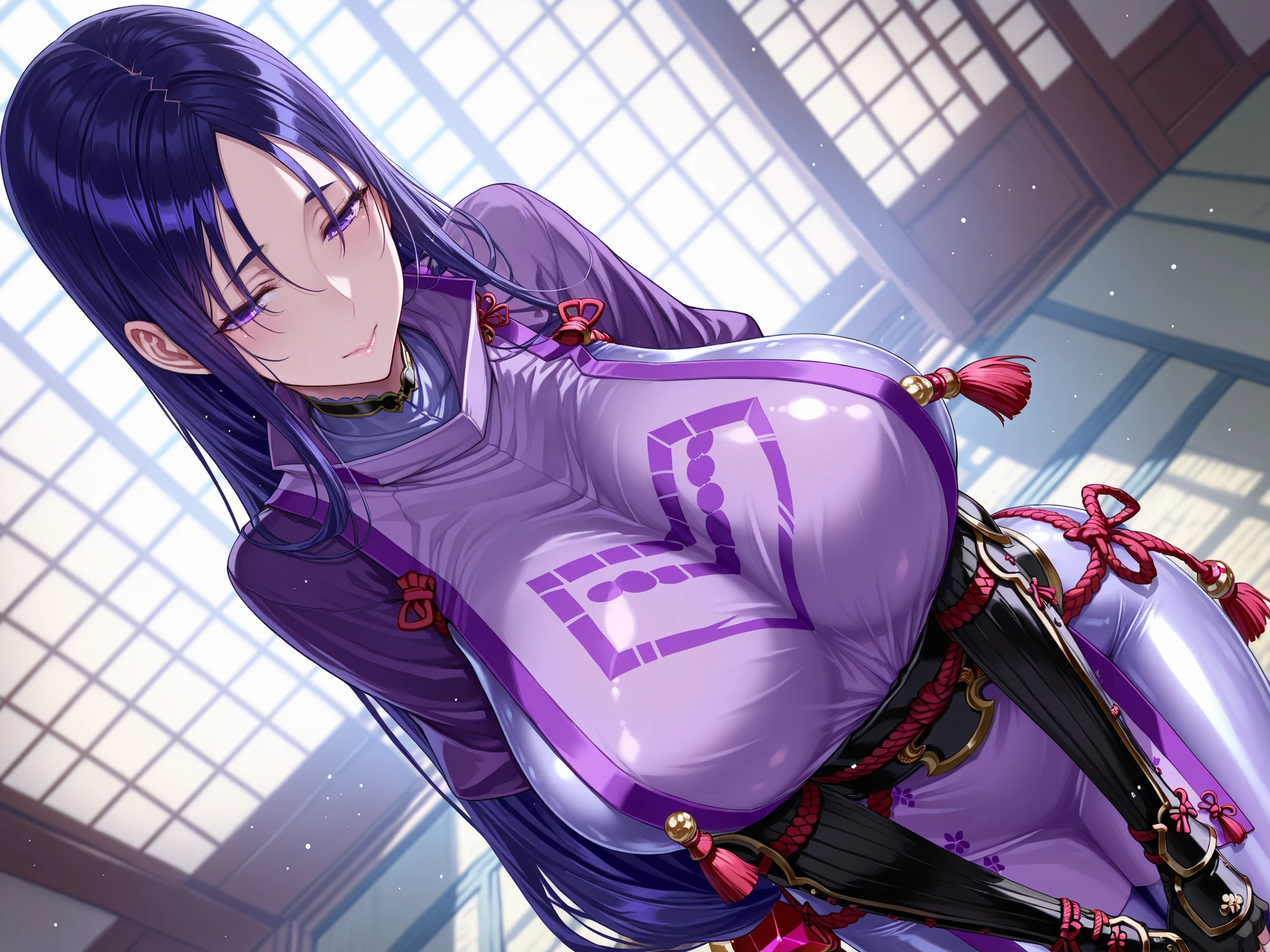 solo,masterpiece,best quality,super fine illustration、finely detail 、clear picture、UHD、HDR, amazing quality, highres, absurdres, very aesthetic, high resolution, ultra detailed, perfect details,(masterpiece, detailed:1.2)、long hair, purple hair, parted bangs, purple eyes, japanese armor, tabard, tassel, purple , ribbed sleeves, arm guards, kote, black gloves, fingerless gloves, rope, loincloth, large breasts,mature female,raita