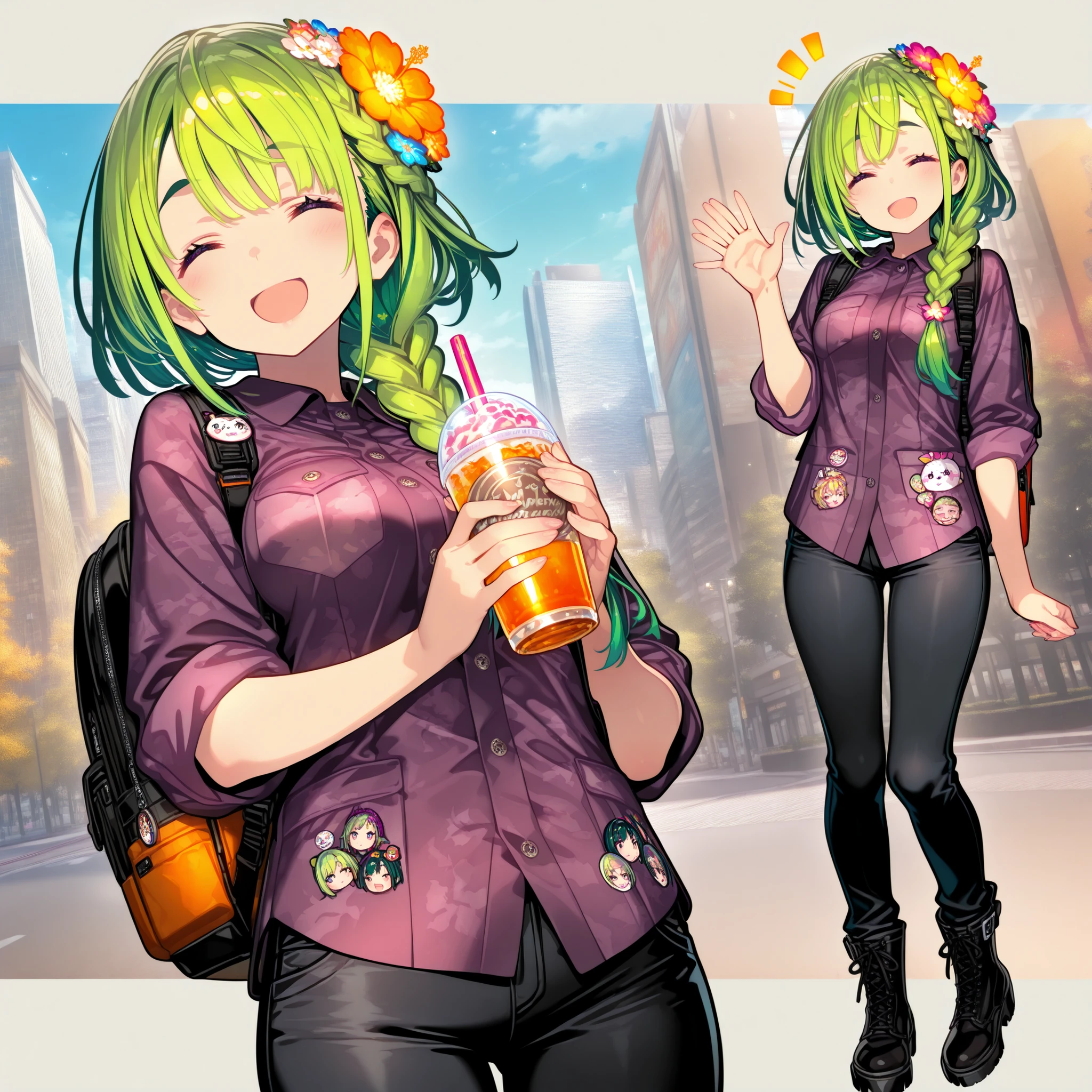 woman, green hair, with braid, a flower on her head, purple lumberjack shirt rolled up, black jeans, backpack with otaku pins, black boots, city park background, spring day, holding a drink, happy expression, waving, focus/nadir shot.