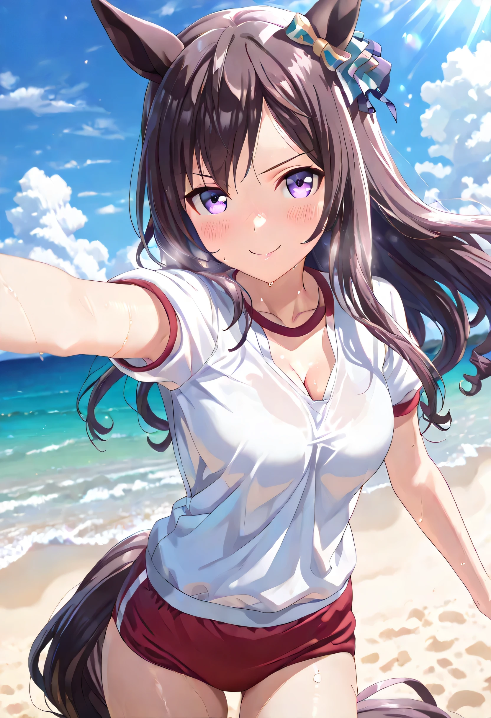 ((ultra-detailed)), (highly detailed CG illustration), (best quality:1.3), ultra-highly detailed, colorful composition, artistic photoshoot, 1girl, solo, moe anime character, Anime-style, harmonious color palette, ethereal ambiance, dainty facial structure, round face, small face:1.4, rounded chin:1.2, short stature,
horse ears,horse girl,horse tail, MDober,black hair,purple eyes,horse girl,long hair,medium , white short sleeve gym uniform with red rim:1.3, red school gym buruma:1.3, smile:1.3, happy:1.3, joyful:1.3, blush:1.3, sweat, breathing, walking on the beachside shade, one arm reaching forward, cowboy shot, looking at viewer, from front, private beach with sunlight filtering through trees, clear blue sky, morning, summer, sidelighting, dynamic pose, contrapposto pose, best quality, masterpiece, cinematic lighting, 8K resolution, portrait, depth of field, caustics, ray tracing, perfect face, lustrous skin, highly detailed face, highly detailed eyes, perfect face, perfect nose, perfect hair, perfect eyes, beautiful hair, beautiful small face, extremely detailed face, beautiful detailed eyes, beautiful clavicle, beautiful body, beautiful , cleavage, squeezed together, beautiful thin thighs, beautiful legs, beautiful fingers, 4 fingers, 1 thumb, lovely, (very detailed background:1.0), (highly detailed background:1.0), pastel colors palette, kawaii aesthetic, intricate details, girly atmosphere, chromatic aberration