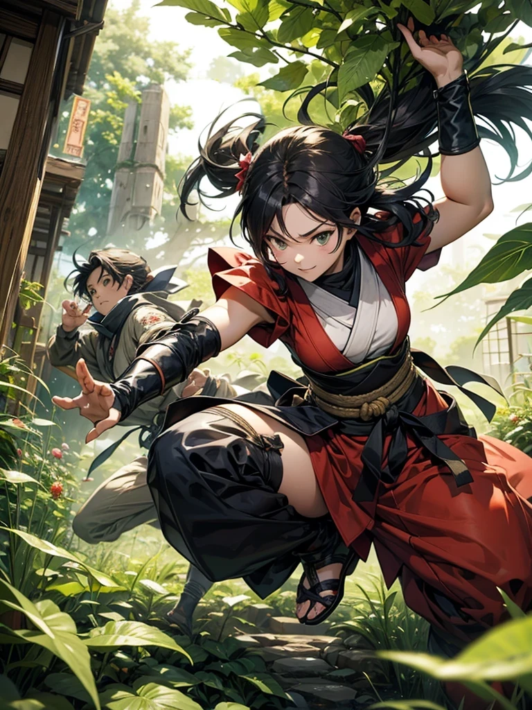 Full body shot of character from Dead or Alive game. Two women engaged in a fierce duel with short swords, showcasing their impressive swordplay and deadly precision. Their long loose hairstyles flow behind them as they battle in a stunning and lush forest setting. Both warriors are dressed in sleeveless kimonos and skirt, adorned with an obi tied to back hip, and accessorized with black thin elbow gloves, black thigh high socks, and black small boots.