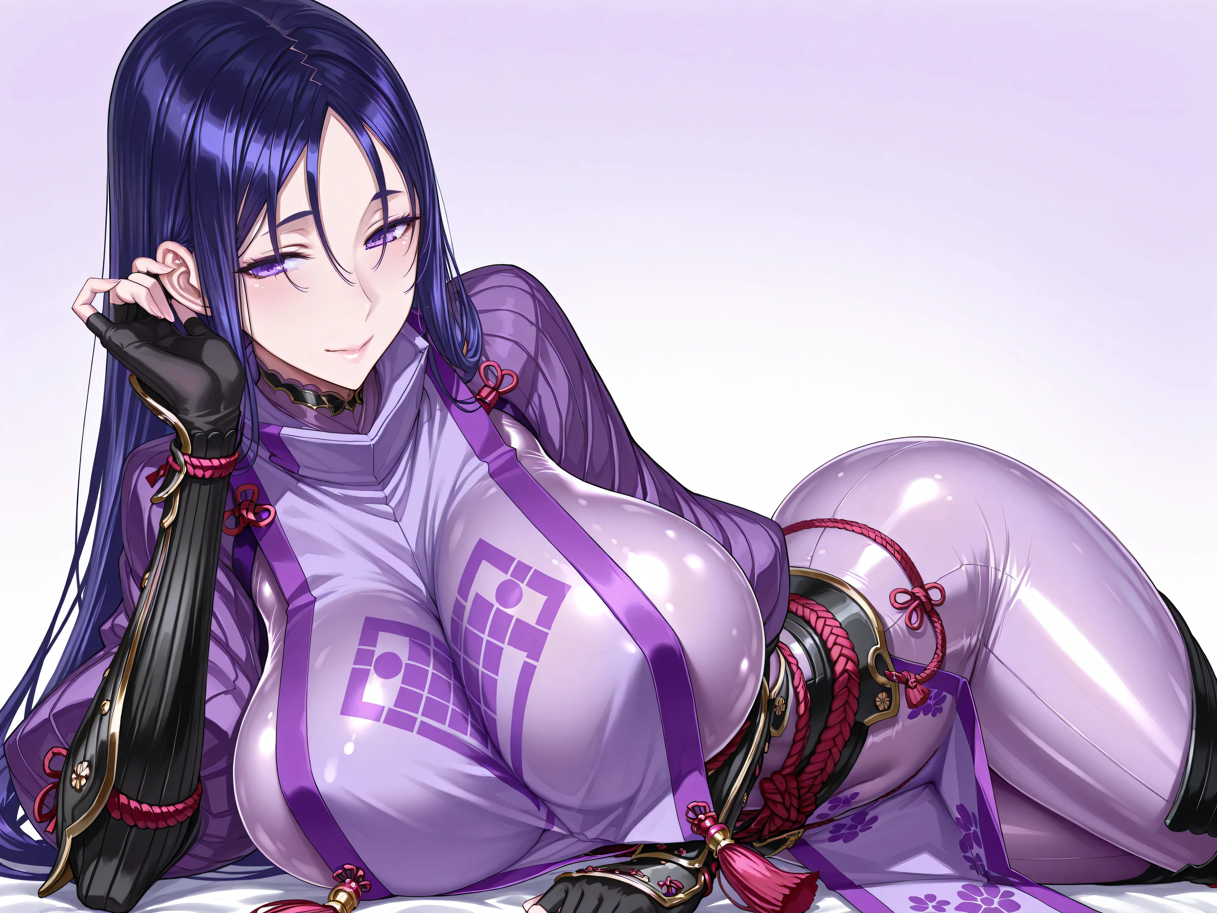 solo,masterpiece,best quality,super fine illustration、finely detail 、clear picture、UHD、HDR, amazing quality, highres, absurdres, very aesthetic, high resolution, ultra detailed, perfect details,(masterpiece, detailed:1.2)、long hair, purple hair, parted bangs, purple eyes, japanese armor, tabard, tassel, purple , ribbed sleeves, arm guards, kote, black gloves, fingerless gloves, rope, loincloth, large breasts,mature female,raita
