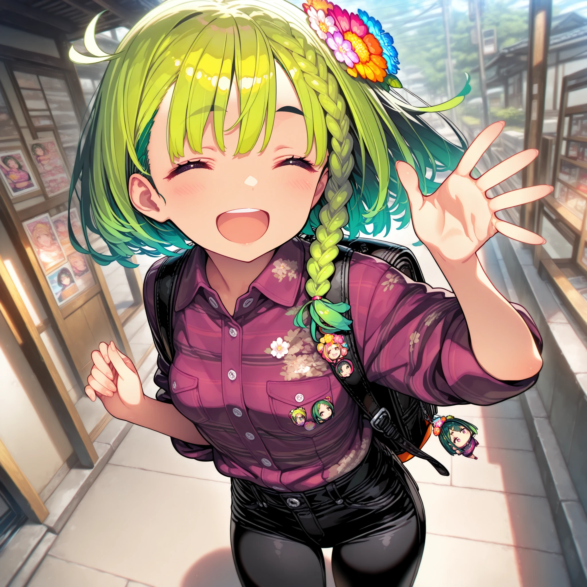 woman, green hair, with braid, a flower on her head, purple lumberjack shirt rolled up, black jeans, backpack with otaku pins, spring day, cheerful expression, waving, focus with a central angle, personal portfolio style photo.
