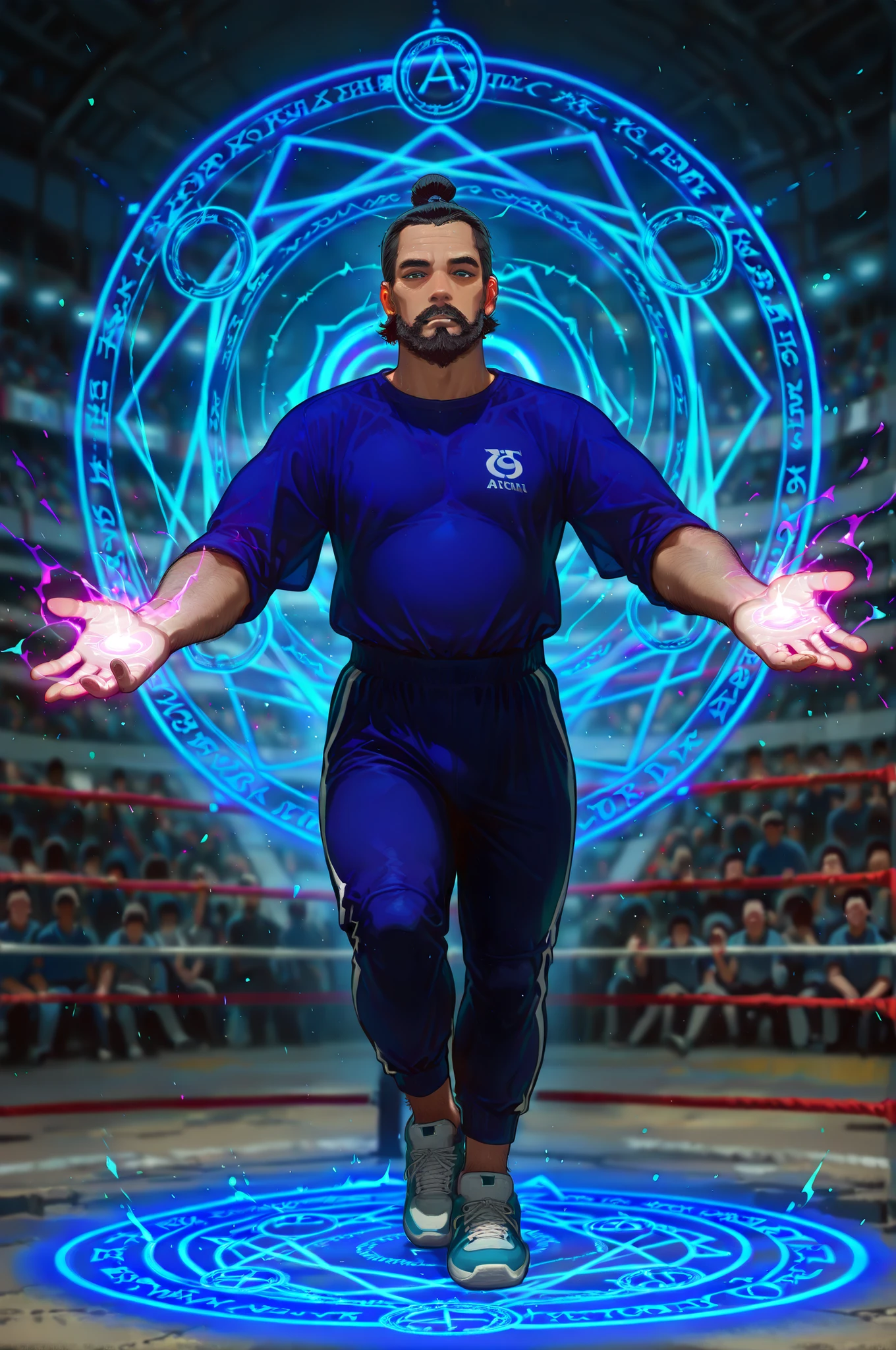 masterpiece, best quality, amazing quality, very aesthetic, high resolution, newest, hyper-detailed, solo, male character, mature man, black hair, african skin, blue shirt, sports pants, sports shoes, bearer long spear on hands, stands on a magic circle, full body, fan art, a  fight ring  on the background
