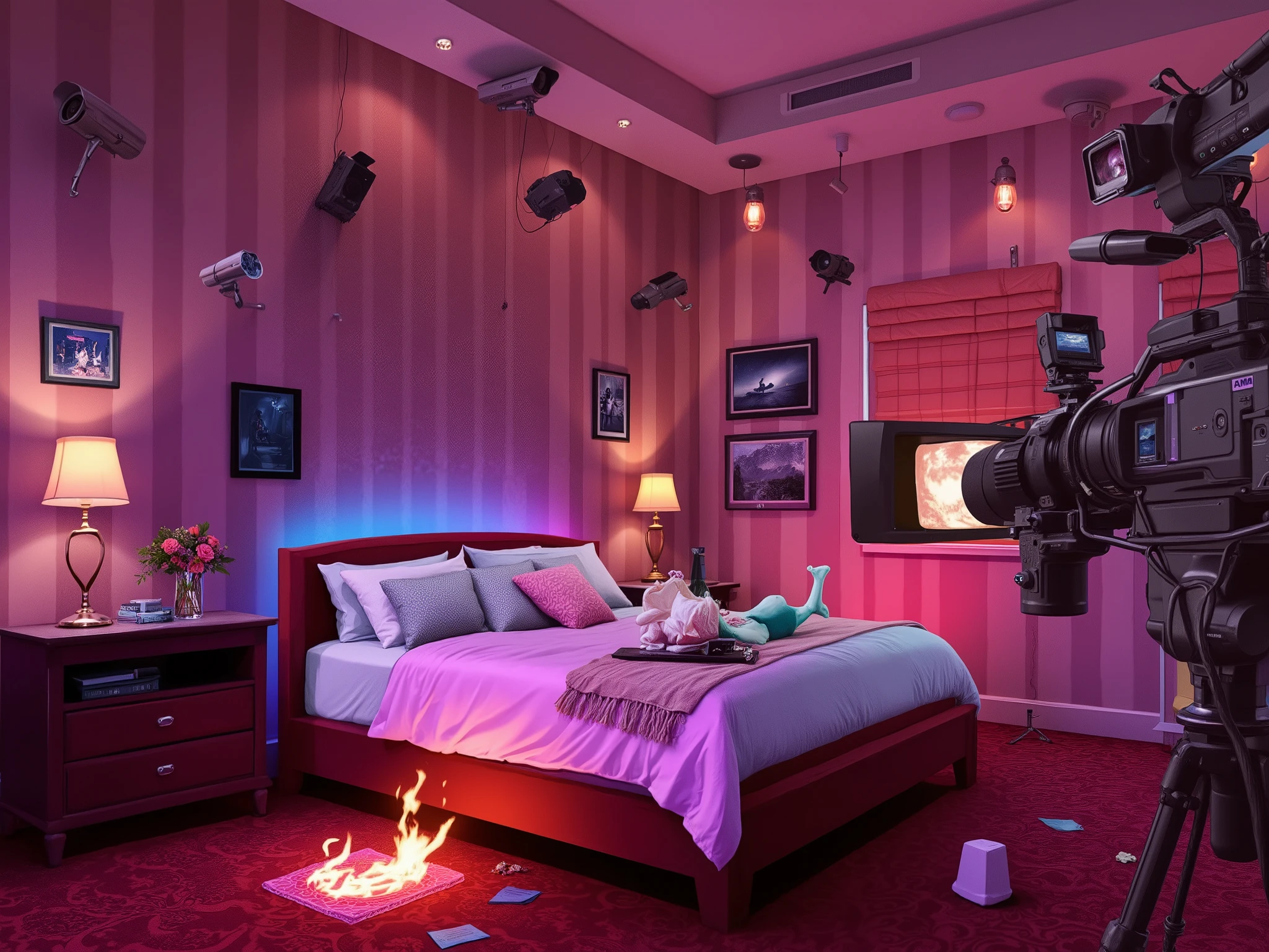 (GTA style), romantic bedroom wallpaper, a romantic bed in the middle, the bed surrounded by many filming cameras, cameras around the room, security cameras all over the place, multiple cameras pointing at the bed, party light effects