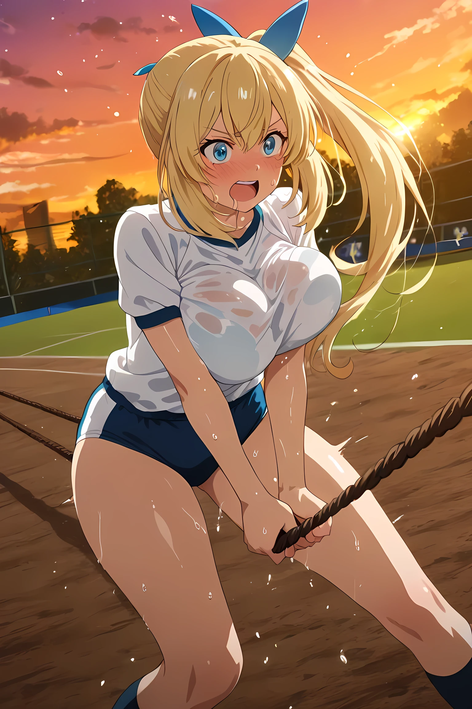 Mirai Akari(mirai akari),blonde,side ponytail,(anime coloring:1.5),(anime coloring:1.5),slender,slim body,big breast,Athletics Stadium,(rope pulling),(Tug of war),very Small tight and short gym clothes, (High leg string sky_blue metallic buruma),Sweaty,Gym clothes transparent with sweat,Headband,((makes me drool)), (very blush),(Grit teeth),(Exhaustion),