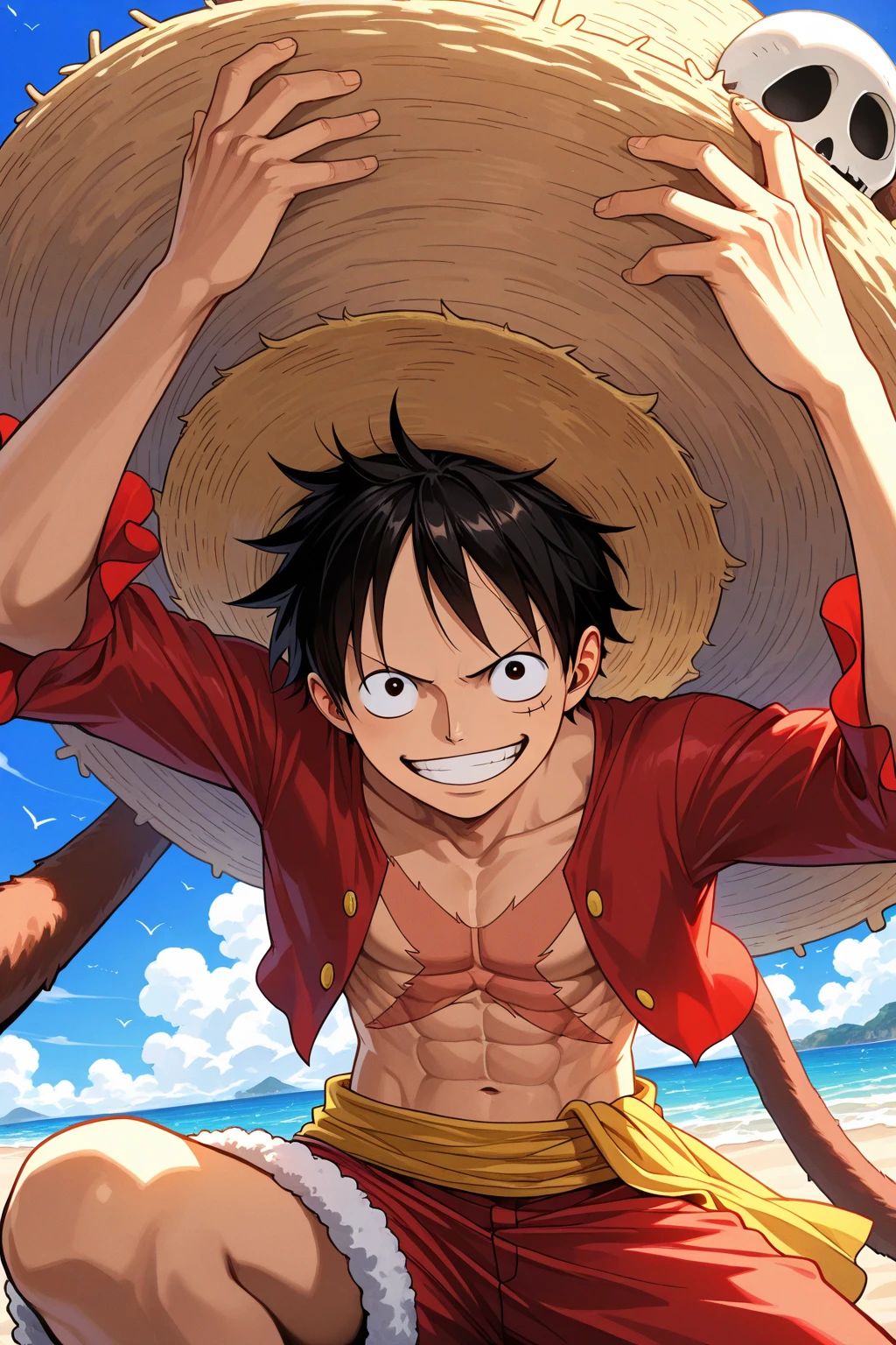 1boy, Monkey D. Luffy, from One Piece, center, happy expression, red shirt unbuttoned, straw hat, scar on chest, blue shorts, brown sandals, detailed background, masterpiece, best quality, very aesthetic, absurdres, ((medium quality)), ((medium quality))