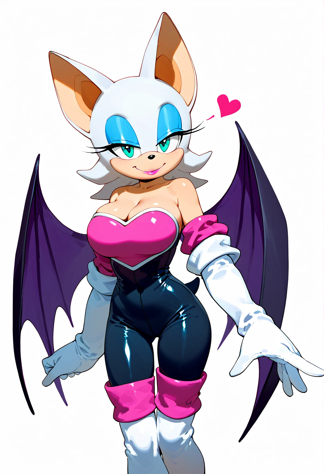 <lora:rougeTheBat:0.9>,rouge the bat,masterpiece,best quality,1girl,solo,furry,blue eyeliner,cleavage,bat wings,bodysuit,white gloves,heart,dynamic angle,smile,red lipstick,blush,looking at viewer,city background,