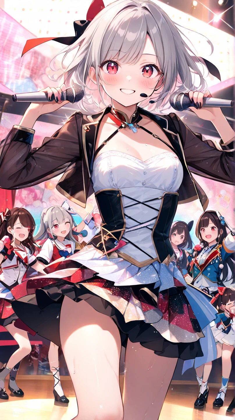 (6+ girls, fluttering skirt, skirt lift, self lift, white , :1.1), Big , worried, :o, sweetlip, black outfit, navel, white thighhighs, gloves, (from below, look down viewer:1.1), wide shot, group photo, first person view, scenery