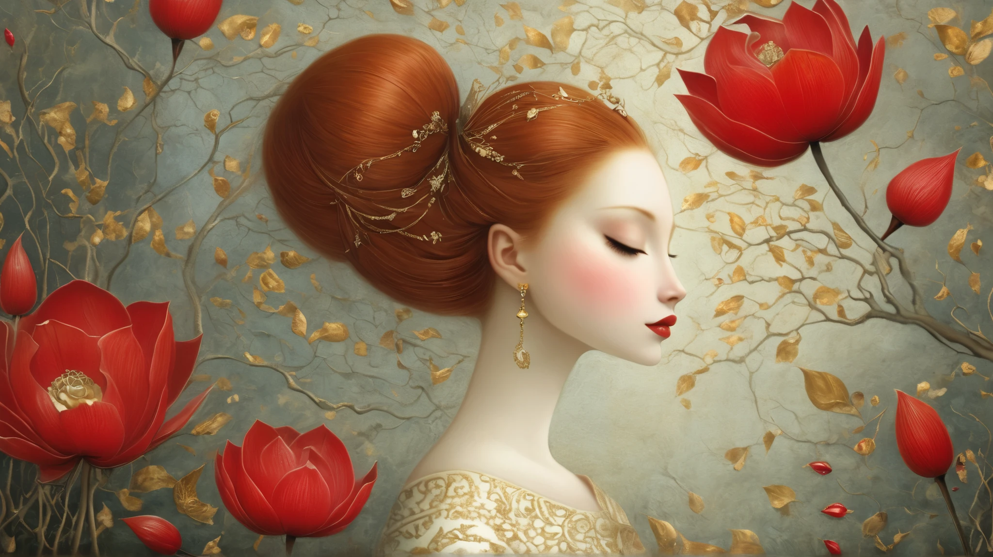 Izumi Kato´s and Nicoletta Ceccoli´s painting depicting A beautiful woman with red hair and lips, almond-shaped brown eyes, and a piercing gaze, she wears a red dress and captivates everyone with her beauty , dreamy mood, intricate, detailed, starlit, vivid colors, gold leaf details, floral motif, high contrast, dramatic light with patterns
