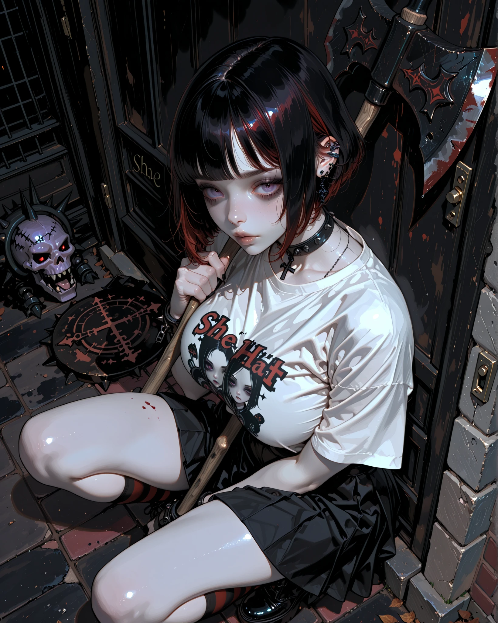 ((high angle)) goth girl pale skin hair bob hair cut black , she has half veiled red and black stripes, and a tiny t shirt, and a black skirt , She has big breasts,, she is squatting, in a gothic panteon., she is holding an axe.