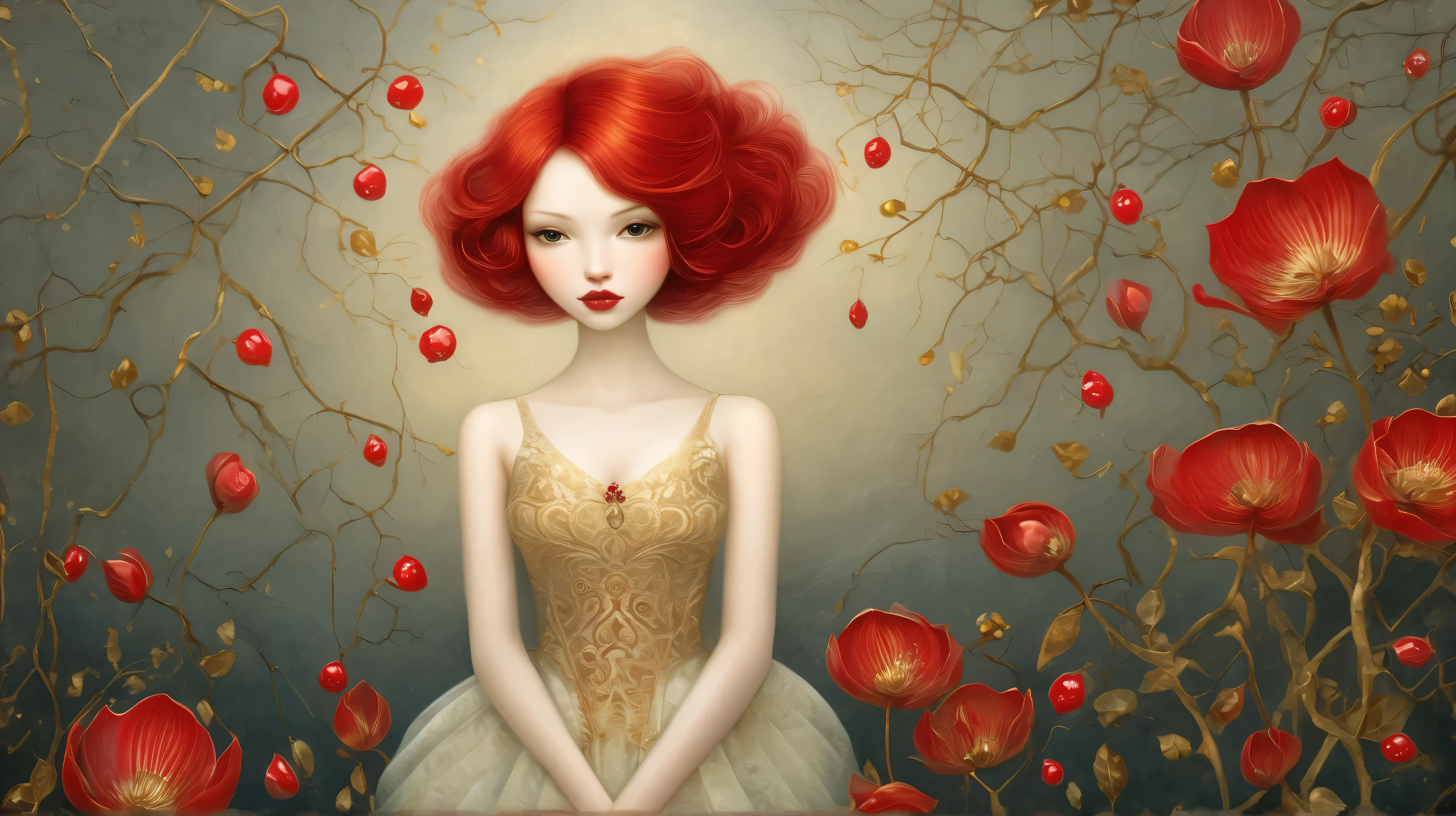 Izumi Kato´s and Nicoletta Ceccoli´s painting depicting A beautiful woman with red hair and lips, almond-shaped brown eyes, and a piercing gaze, she wears a red dress and captivates everyone with her beauty , dreamy mood, intricate, detailed, starlit, vivid colors, gold leaf details, floral motif, high contrast, dramatic light with patterns