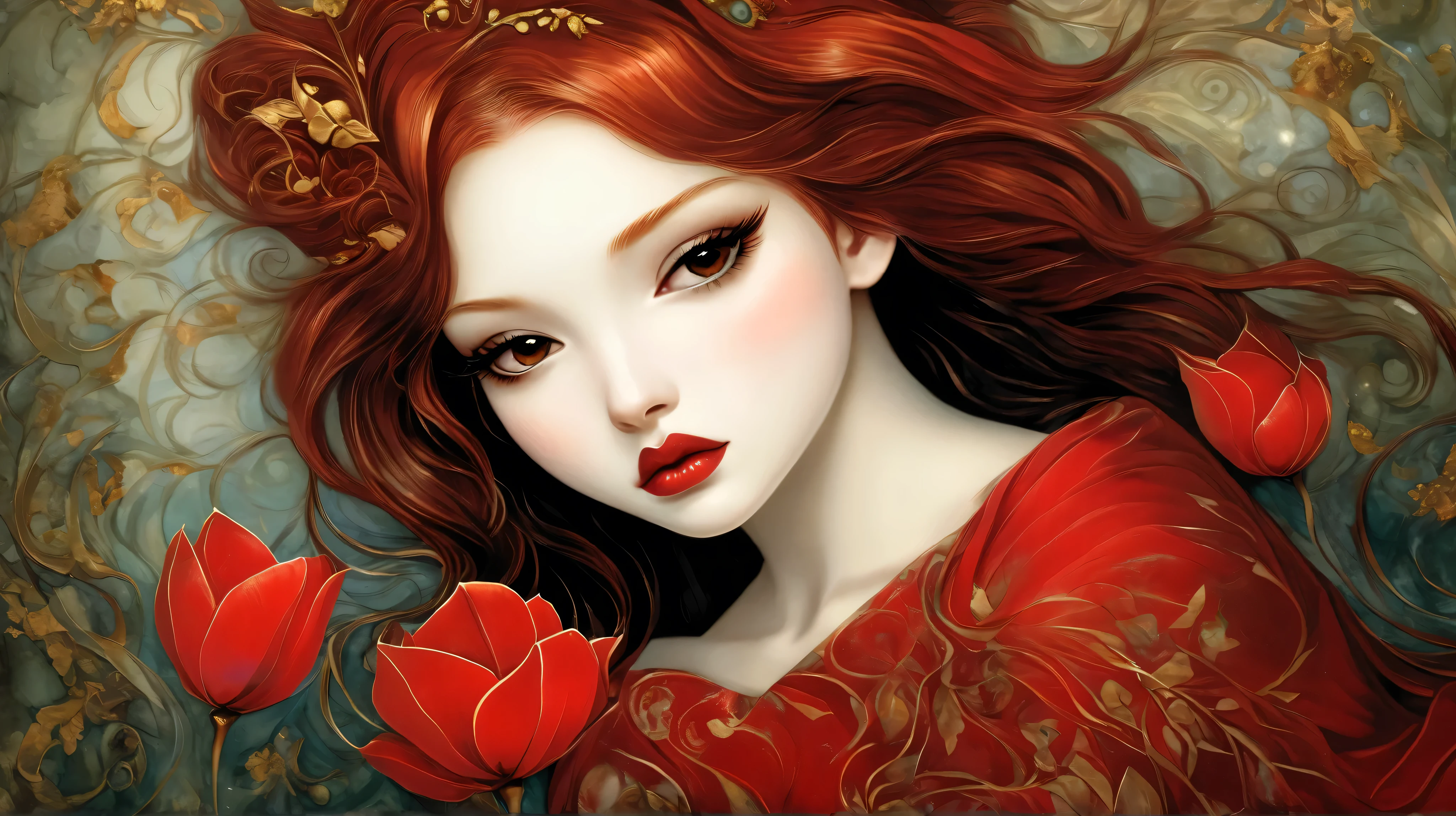 Izumi Kato´s and Jasmine Becket-Griffith´s painting depicting A beautiful woman with red hair and lips, almond-shaped brown eyes, and a piercing gaze, she wears a red dress and captivates everyone with her beauty , dreamy mood, intricate, detailed, starlit, vivid colors, gold leaf details, floral motif, high contrast, dramatic light with patterns