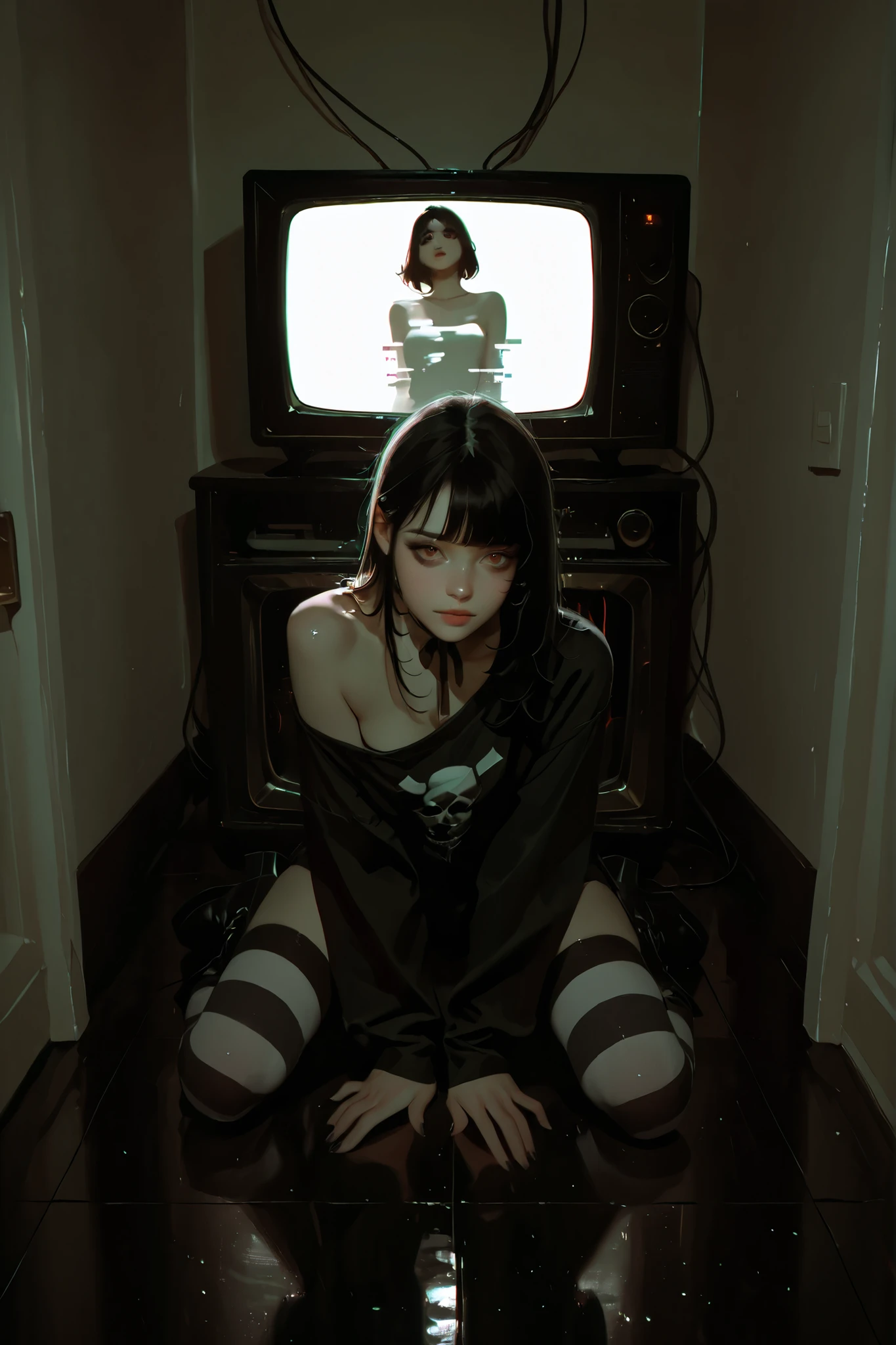 ((High angle)) (masterpiece, best quality, ultrahigh definition, surreal, retro cyber vintage aesthetic)
A vulnerable gothic girl kneeling on the floor of a dark room full of old televisions.
She hugs a heavy vintage TV tightly against her chest, her body slightly bent forward by its weight.
The TV screen glows with an intense white light, bathing her pale skin in dramatic illumination.
Her expression is fragile and melancholic, with smeared dark gothic makeup as if she has been crying.
She looks vulnerable, lost, almost collapsing as she clings to the glowing television like her only source of warmth.
Outfit: gothic oversized black shirt slipping from one shoulder, striped stockings with slight runs, black platform boots.
Her messy black hair with strands falling over her face adds to the fragility.
Around her, other old TVs glow weakly with static and glitch, but the one in her arms radiates overwhelming white light, creating an aura of mystery.
The atmosphere is heavy, cinematic, and surreal — shadows and reflections stretch across the floor, enhancing the feeling of loneliness.
Style: moody, gothic, retro cyber-vintage, surreal, cinematic high-contrast lighting.