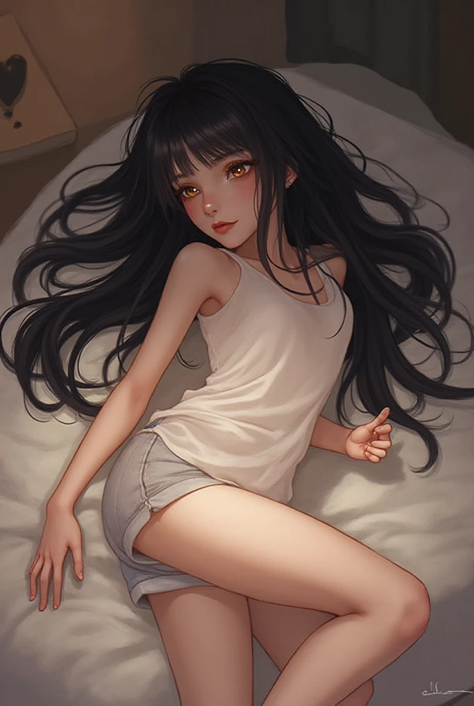 ((Highest quality)), ((2D)), (Small eyes), Perfect Face,Primary school students,Beautiful Face,Slit eyes,Narrow eyes,bed,Small breasts,Thin arms,Skinny,Dark look,Black Hair,White camisole,Thin legs,