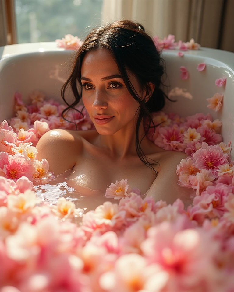 A hyper-realistic fashion photograph captured from a low angle from behind a beautiful model woman's ass. She is on a rooftop covered in flowers and plants, everywhere, she is naked and lying face down in bed, with her back turned to the camera. A glass cup filled with delicate flower petals rests gently. She is curly and has some tattoos The composition captures the elegant curve of her full body, legs and the relaxed position, creating a serene and intimate atmosphere. The soft lighting emphasizes the contours of her figure, while the subtle details of the bedding add texture to the scene. The overall image conveys a sense of calm and quiet beauty, focusing on the graceful lines of her form as she rests peacefully.