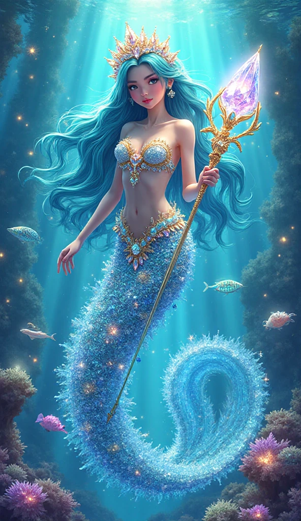 In the depths of the interstellar sea, where galaxies dance and nebulas shimmer, there exists a celestial being unlike any other – a space mermaid of ethereal beauty and boundless curiosity. With skin as rich and deep as the most vibrant amethyst, she glides gracefully through the cosmic currents, her three eyes sparkling with the wisdom of ages unknown.

Her tail, a mesmerizing fusion of blues, teals, and greens, trails behind her like a comet's tail, leaving trails of stardust in its wake. Each strand of her hair mirrors the colors of her tail, flowing freely in the weightlessness of space, catching the light of distant stars as she navigates her celestial domain.

But what truly sets her apart are her antennae – delicate tendrils reaching out into the vast expanse, attuned to the subtle energies that pulse through the universe. With these antennae, she senses the ebb and flow of cosmic forces, guiding her through the mysteries of the cosmos with an intuition as ancient as the stars themselves.

In the resplendent glow of her third eye, she sees beyond the veil of time and space, glimpsing the secrets hidden in the fabric of reality. It is through this eye that she seeks to understand the universe and her place within it, forever drifting on the currents of infinity, a celestial guardian of the cosmic depths.goddess of galaxies, mermaid, mermaid body, galactic sized goddess, alien princess, celestial goddess, lunar goddess, iridescent scales on her body, she has iridescent membranes, [[fantasy]] have purple skin and have 3 eyes , she a alien with antennae. , she a space mermaid , in 8k purple skin 