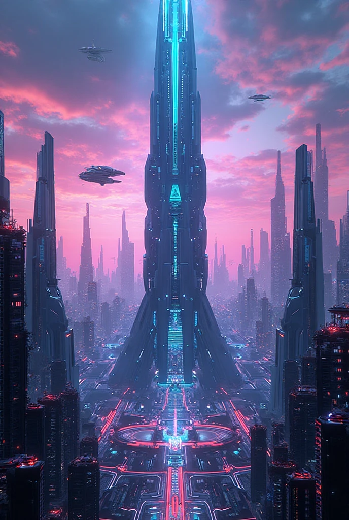 Futuristic city pictures，tall house，Bustling road，Sci-fi sense of humanity，There are spaceships in the air，Flashing neon，The overall tone is a little darker，is night