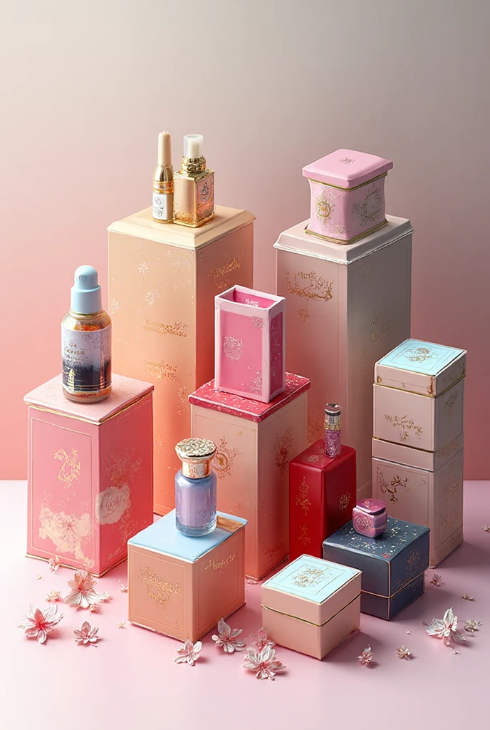 Create a small rolling makeup display for product photo shoot, that has a rectangular shape and carriage wheels, all in pink colors and cloud and fairy theme,  where the makeup can be fully appreciated, where the perspective of the image is frontal