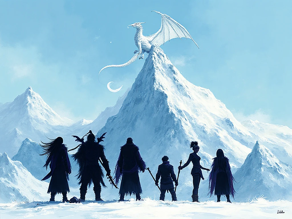 Title: Dragon of Icespire Peak

Style:
	•	Classic fantasy cover art, painterly, unified style (characters and dragon should look like they belong in the same world).
	•	Vintage-inspired but polished enough for modern podcast/thumbnail use.
	•	Landscape orientation.
	•	Cool icy palette (blues, whites, grays) with bold contrast.

Scene Composition:
	•	A towering, jagged snow-covered mountain in the background.
	•	At the summit, the white dragon Cryovain perches menacingly, wings spread, with icy breath curling into the sky.
	•	In the foreground, the four adventurers in silhouette but detailed enough to see their distinct features, standing side by side in heroic poses, facing the dragon.

Character Details:
	•	Half-Orc Barbarian (Willow, male, 6’5”)
	•	Grey hair in a man bun
	•	Wields an oversized warhammer (massive, intimidating)
	•	Broad, powerful silhouette
	•	Wood Elf Bard (Eletha, female, 5’8”)
	•	Flowing, longer hair
	•	Outfit slightly revealing, with a shorter skirt
	•	Holds a panflute (clearly a set of connected pipes, not a modern flute)
	•	Graceful stance
	•	Tiefling Druid (Aras “Desire”, female, 6’1”)
	•	Tall, plus-size/curvy build
	•	Large feathered wings (both visible)
	•	Holds a staff topped with druidic symbols
	•	Regal, commanding presence
	•	Halfling Fighter (Savvra, female)
	•	Shoulder-length hair
	•	Small but fierce stance
	•	Dual-wielding daggers
	•	Ready-to-charge pose

Text:
	•	Bold fantasy lettering for the title Dragon of Icespire Peak
	•	Placement: top or bottom, but must remain legible at thumbnail size

It shouuld only be the 4 chaqracters as explained.