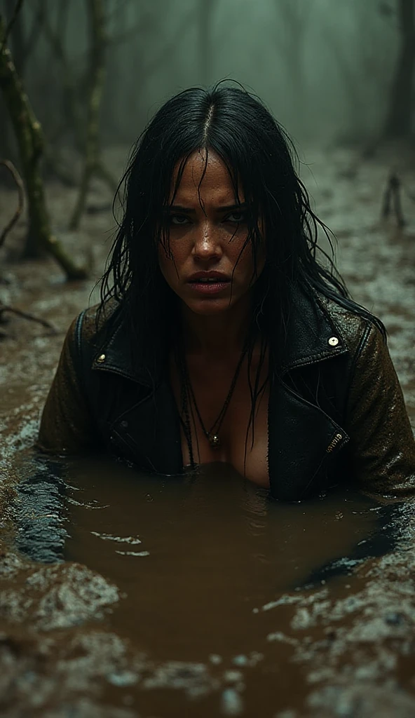 Hyper-realistic, ultradetailed, Raw, tmasterpiece. (a closeup of a). A night in a dark forest. A woman is depraved drowning in a swamp. The swamp sexually devours her body. ((on face: fright, perplexity)). mini skirt, black stockings with garters on the legs, Black leather biker jacket, black stiletto heels, shameful, loses control of himself, ((caught, defenseless, lust)). fetish, Depletion