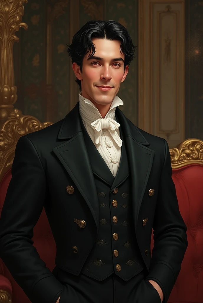 A calm and cheerful man, with black hair and beautiful red eyes - SeaArt AI