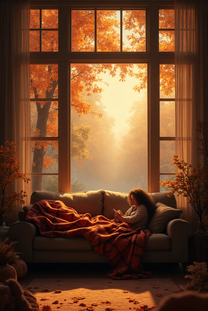 Cozy living room with a large window, autumn leaves outside, warm plaid ...