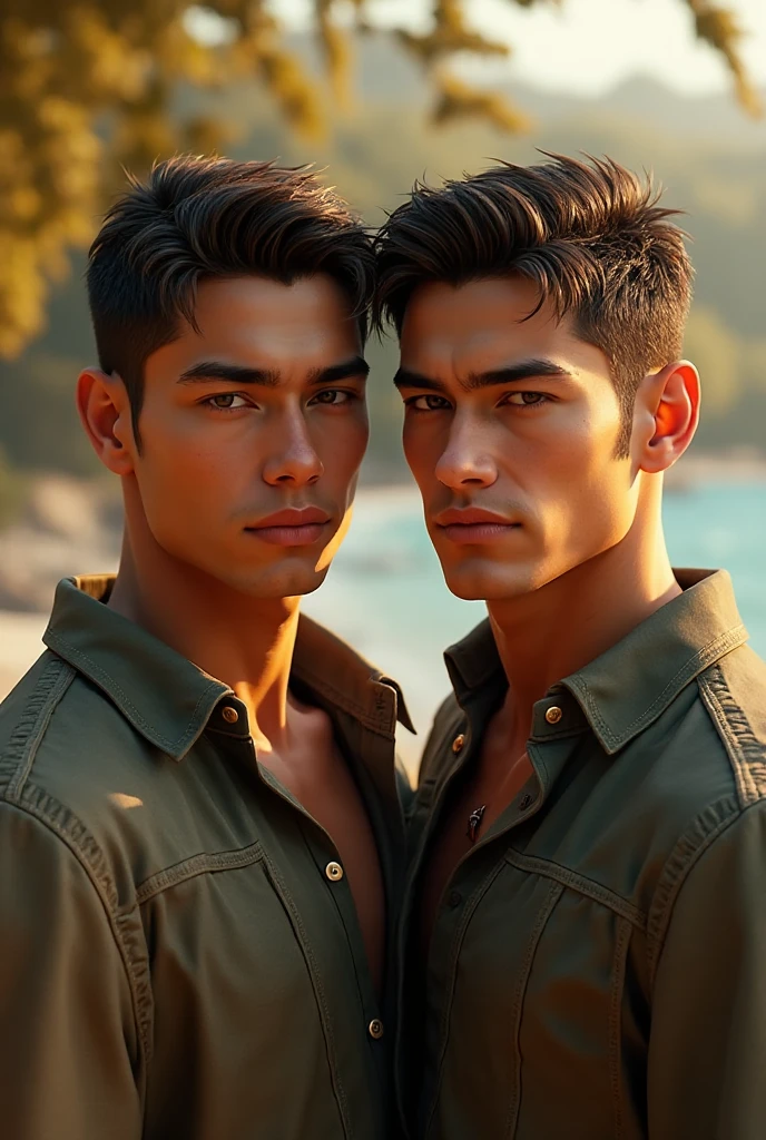 A twink white male villagers hug a big tanned male animals hunter