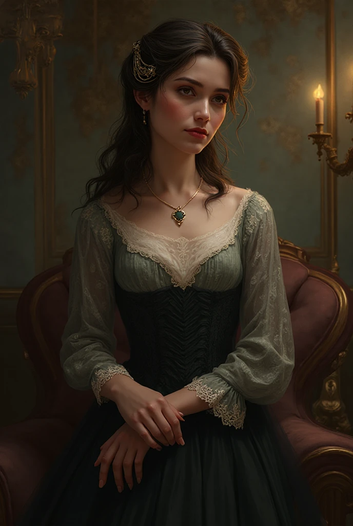 ((high quality work)), The lines are clear and concise., The green dress and beautiful pleated lace complement each other, It enriches the overlap of the whole picture, Elegant Edwardian lace dresses and princess skirts enhance the character, Gesture of turning the back of the hand back , Expresses the gentle and elegant side of women. ((close up of face))､