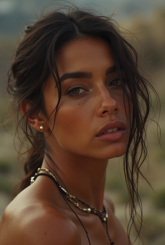 8k, RAW, Upper body photo of dualip as a beautiful female model, georgia fowler, beautiful face, with short dark brown hair, walking in a desert. She is wearing a transparent top, high waist jeans,