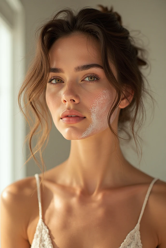 In the style of intimate editorial photography, medium shot, photography, Nikon d850, woman looking out a window, relaxing and smiling dressing a towel, inside a room with picture window, natural lightning of a cloudy day, romantic, relax.