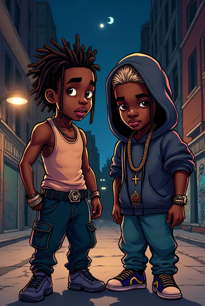 cartoon of two young boys standing in front of a television, anime style”, cartoon style, in cartoon style, afro samurai anime style, sirius a and sirius b, they are very serious, thugs, afro samurai animes style, cute cartoon style, cartoon art style, fujita goro and jones, childish, afro samurai style, :14 80s anime style