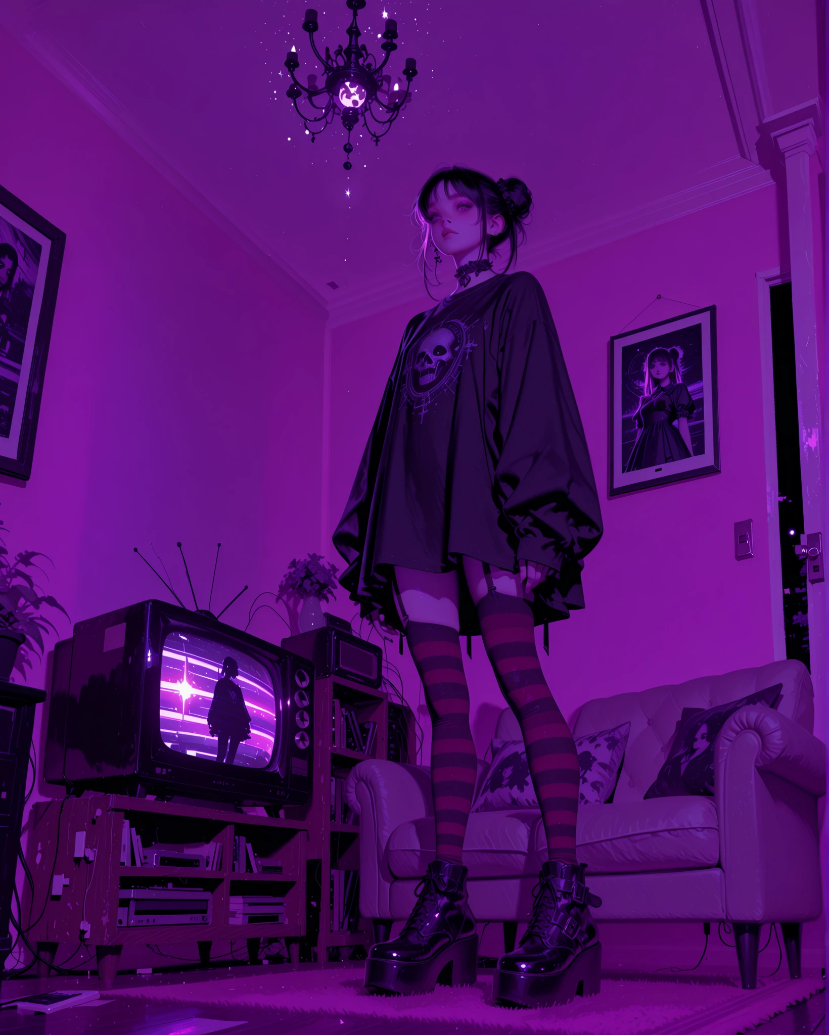 ((low angle)) (masterpiece, best quality, ultrahigh definition, surreal, retro aesthetic, cyber vintage)
A gothic-inspired girl is standing in a dimly lit living room.
She holds an old retro television as her head, the TV is turned on and inside the screen we see her own face projected with static interference and vintage TV scanlines.
Her expression inside the TV screen is astonished and confused, as if she is trapped inside the broadcast.
The TV emits a soft glowing light that illuminates her body and the room around her.
Her outfit is gothic casual: black oversized shirt, striped stockings, chunky platform shoes.
The living room is minimal and dark, faint vintage furniture silhouettes, with a cinematic moody lighting.
Atmosphere: surreal, eerie, aesthetic. The mix of glowing TV light and vintage static creates a mysterious mood, blending gothic fashion with retro surrealism.