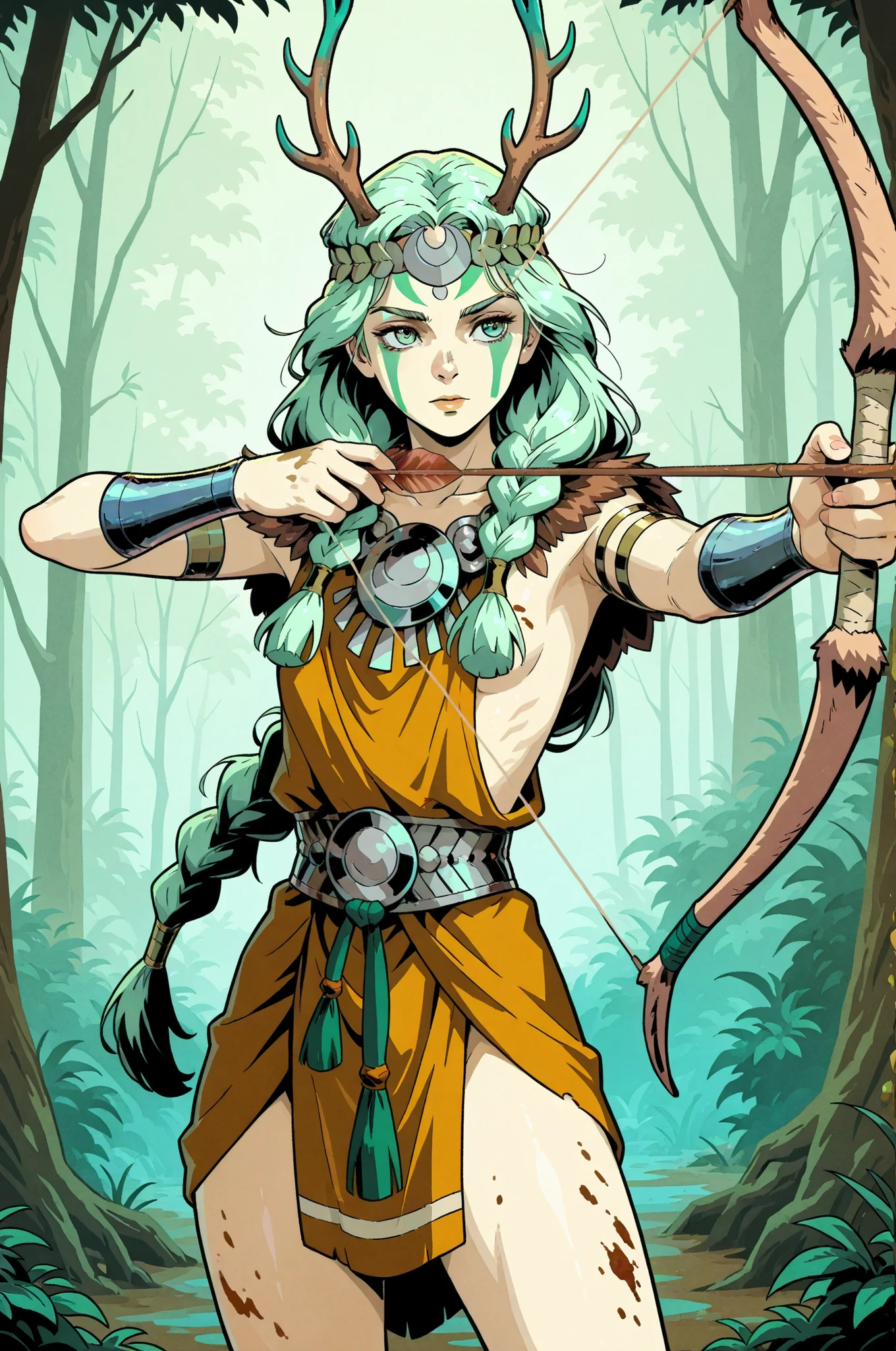 1girl, Artemis from Hades, young goddess, fair skin dirt on skin, slender, green braided hair, green face paint, wearing furs, antler headband, aiming her hunting bow, alone, in full view in a highly detailed watercolor comic art style