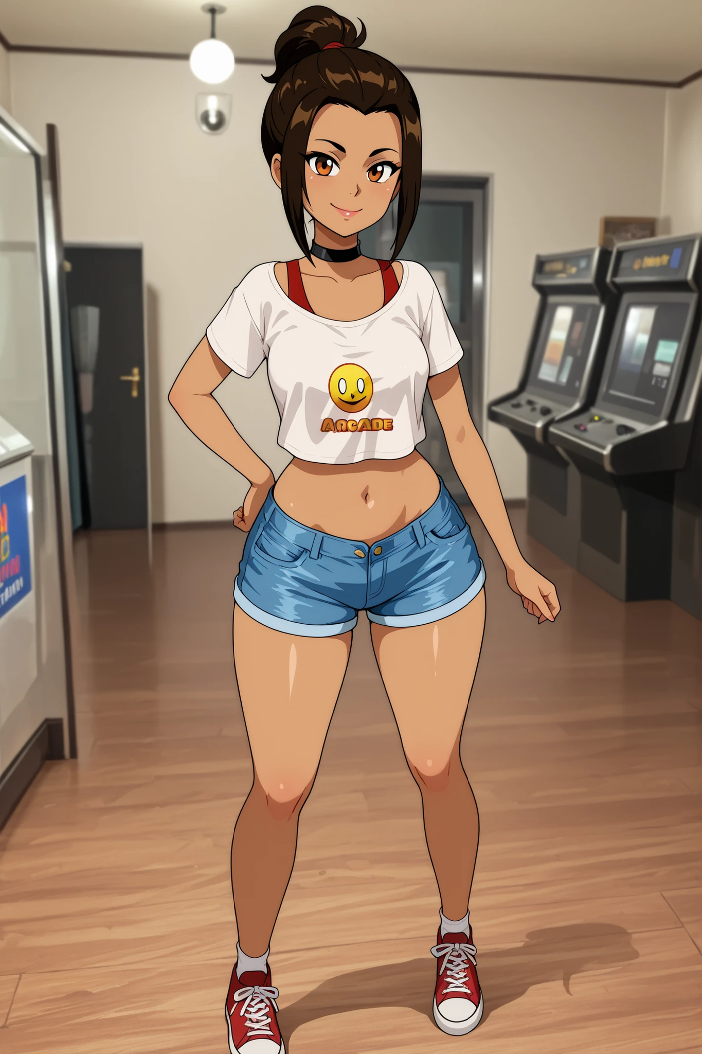 Azula , amber eyes . wavy dark brown hair strands above her shoulders. short hair. small saggy breasts. huge hips. choker. | Vintage photo of a girl posing in an arcade in the early 1980's, she wears jeans shorts and a crop t-shirt and sneakers, 80's perm hair, cute, looking at camera, smiling, behind her is a Pac-Man arcade video game