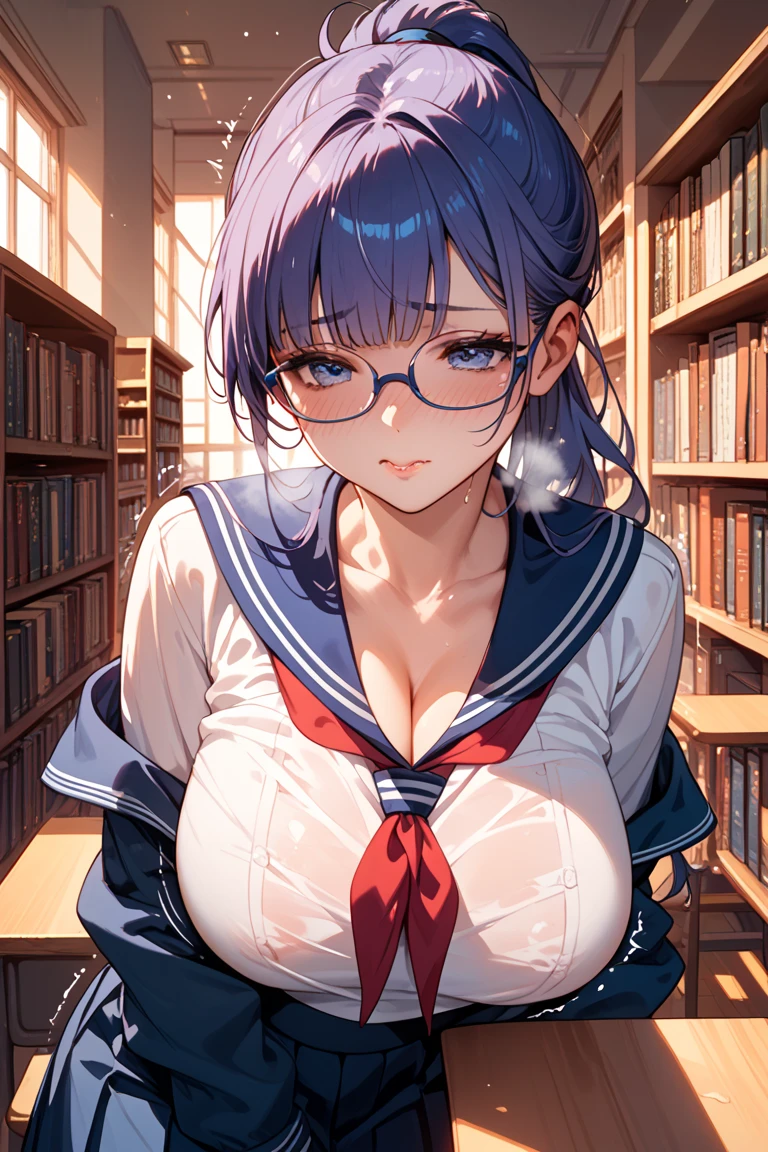 (masterpiece, best quality, ultra detailed, hyper realistic, photo),delicate pattern, detailed background, uncensored completely,
1raiden shogun, cowboy shot, japanese girl, class room,
school uniform, loose collar, skirt, looking over eyewear,
hair between eyes,
put up index finger and one hand on hip, angry with puffed cheeks,
from above, leaning forward,