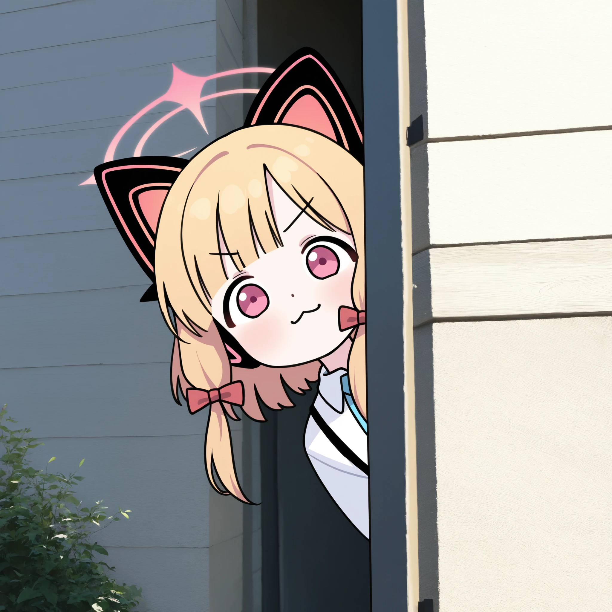 masterpiece,best quality,amazing quality,8k,detailed eyes 1girl, momoi_(blue_archive), fake_animal_ears, cat_ears, peeking_out, happy, :3, looking_at_viewer, outdoors, day, (solo), halo