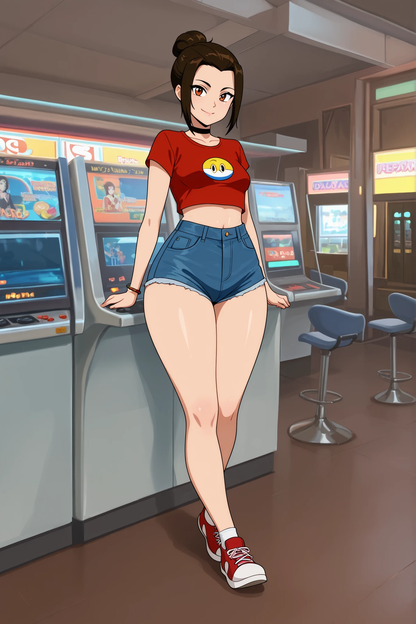 Azula , amber eyes . wavy dark brown hair strands above her shoulders. short hair. small saggy breasts. huge hips. choker. | Vintage photo of a girl posing in an arcade in the early 1980's, she wears jeans shorts and a crop t-shirt and sneakers, 80's perm hair, cute, looking at camera, smiling, behind her is a Pac-Man arcade video game