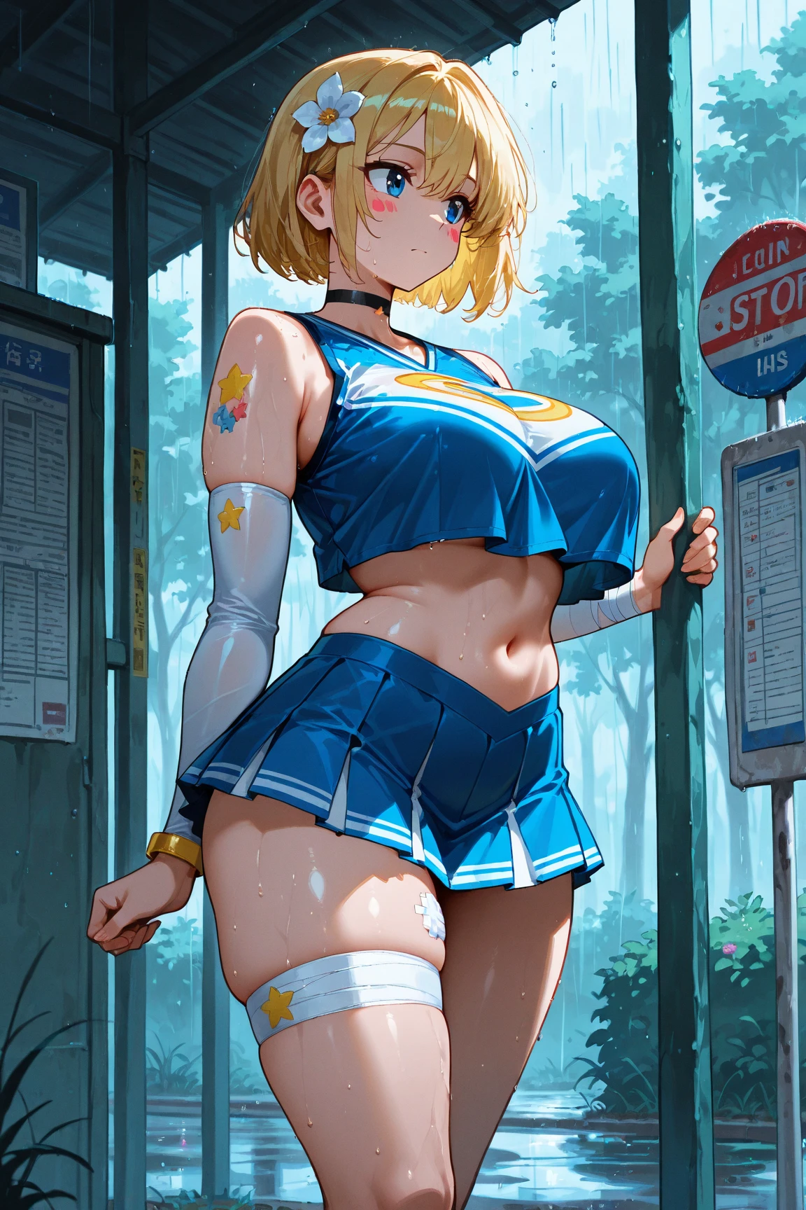 mastute piece,Best Quality,insanely detailed,8k cg,nsfw,
(shoot upper body:1.3),
(1girls:1.3),standing,looking at viewr,body in front,both arms behind back,(Yellow cheerleader uniform),(bare breasts:1.2),(bare crotch:1.2),
break,
blush,shy,(trembling:1.2),(Yellow ponytail hair),
break,
perfect breasts,perfect teats,(open mouth:0.9),(large breasts:1.2),
outdoor sport field,