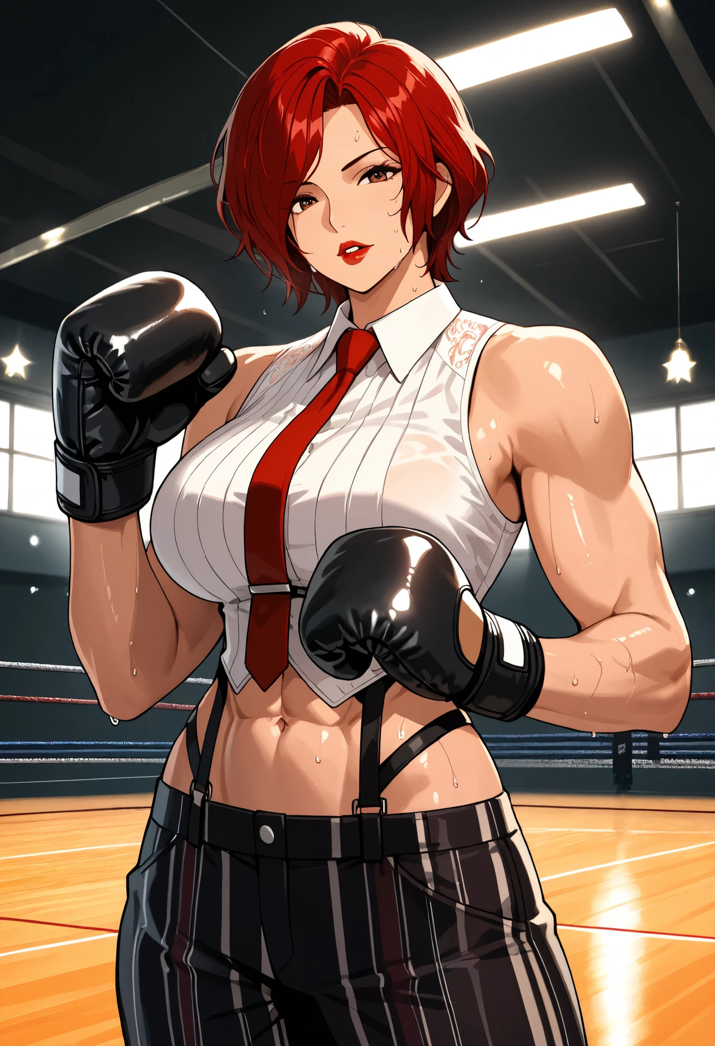 Anime style, 1 girl, solo, looking at viewer, mature woman, ((Vanessa from KOF)), short red hair, waved hair, parted bangs down, brown eyes, red lips, parted lips, white tanktop, big breasts, abs, toned body, slim waist, attractive, motherly, red tie, lace, black social pants, boxing gloves, rosy skin, tall woman, sexy woman, pose, sweating, soft light, in the gym, masterpiece, high quality, 8k, high definition, full HD.